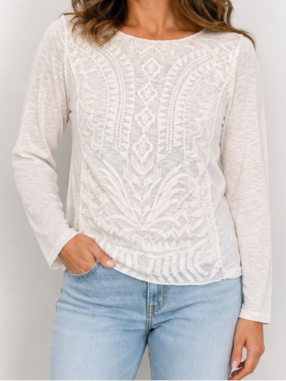 Jolt White Embroidered Long Sleeve Boho Top XS Textured Knit